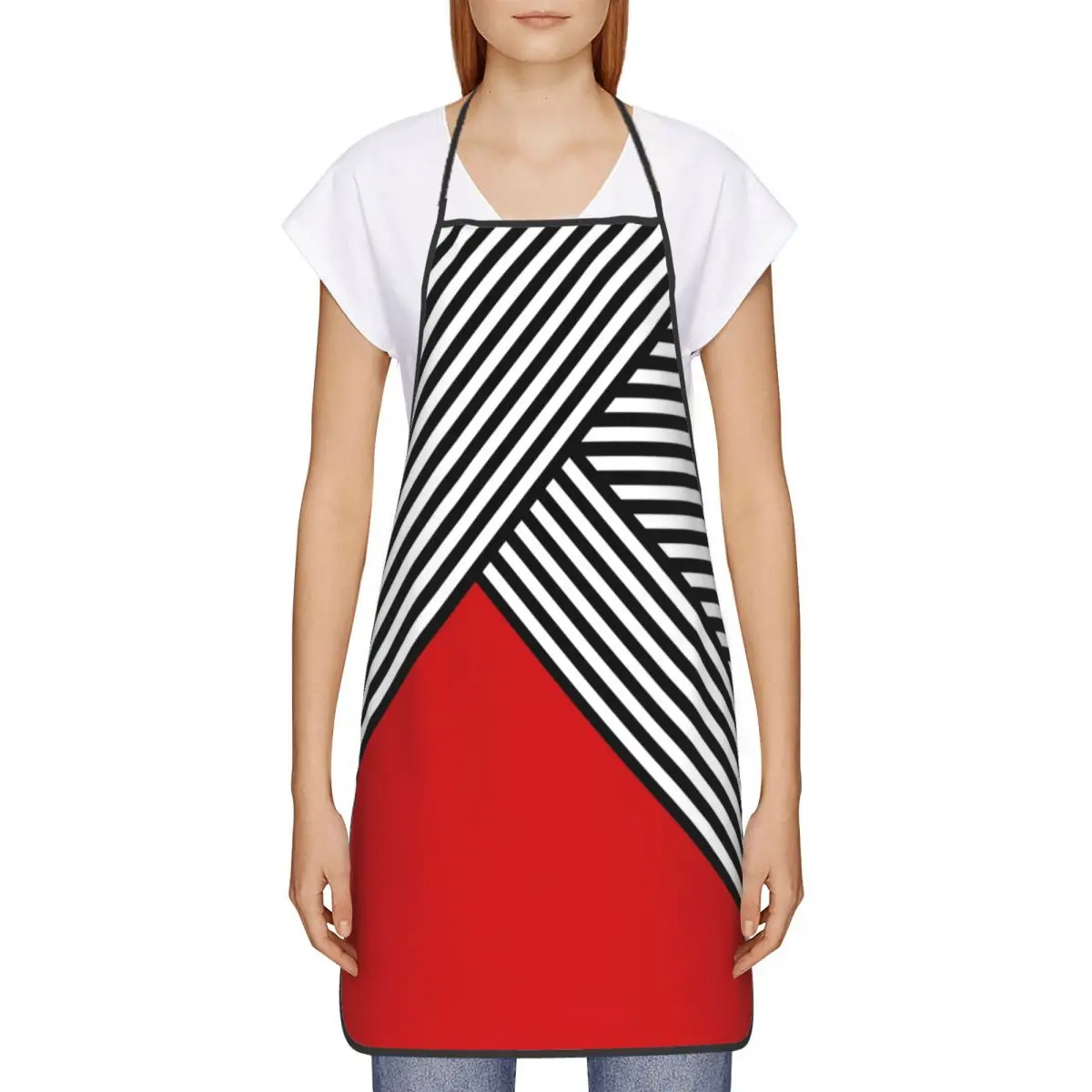 Black And White Stripes With Red Triangle Apron for Men Women Unisex Chef Cooking Kitchen Geometric Pattern Tablier Cuisine