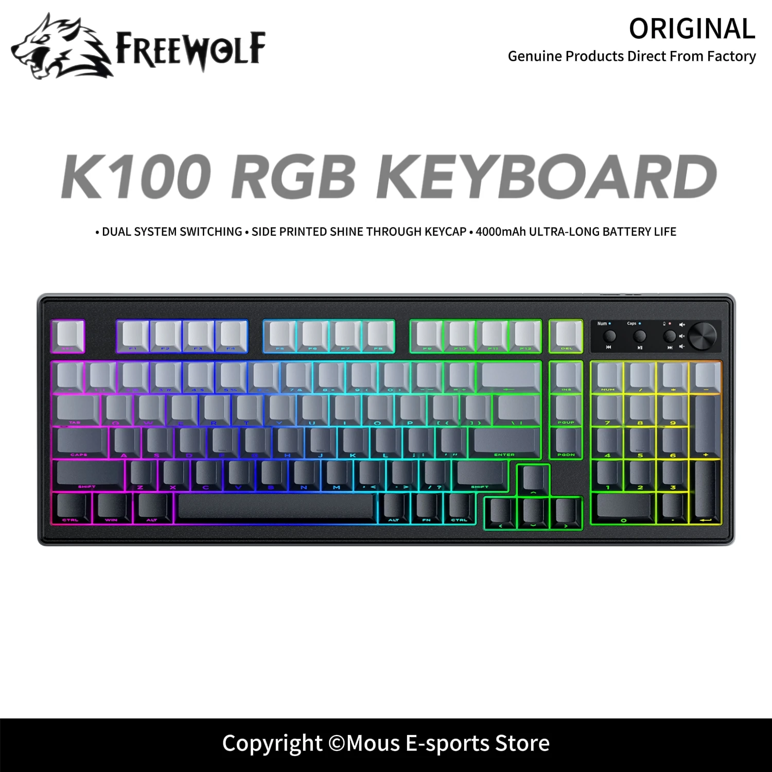 K100 RGB Mechanical Keyboard PBT Side Printed Shine-Through Keycaps FREEWOLF 4000mAh Battery Three-Mode Wireless for E-Sports