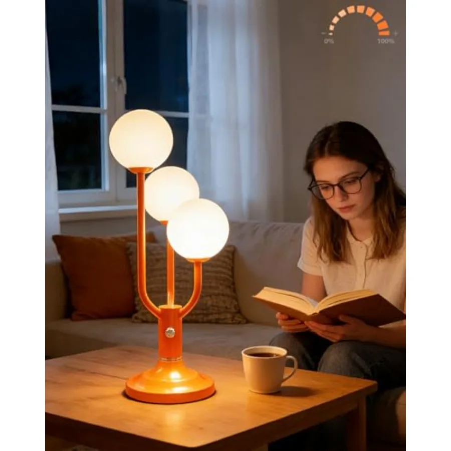 

Modern Orange Table Lamp for Bedroom, Mid Century Desk Lamp with Globe Lampshade 3000K Warmwhite Dimmable Nightstand Lamp for L
