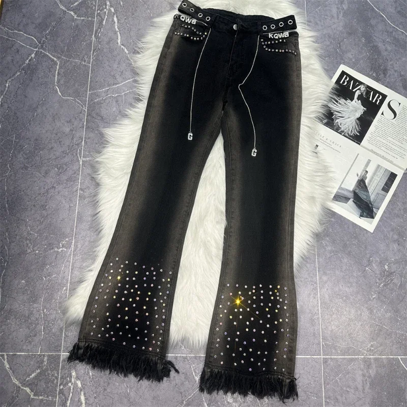 

2024 New Autumn Vintage Stretch Jeans for Women Mopping Floor Diamonds Tassel Flare Pants All-match Black Denim Long Trousers