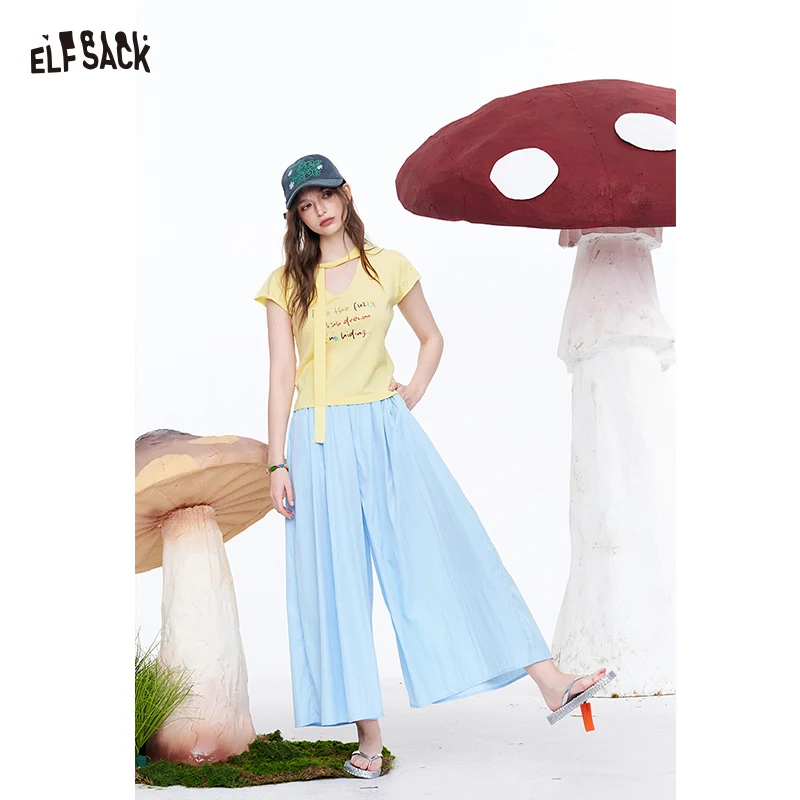 ELFSACK Women's High Waist Wide Leg Pants, A-Line Flowy Trousers with Elastic Waist, Lightweight Casual Pants
