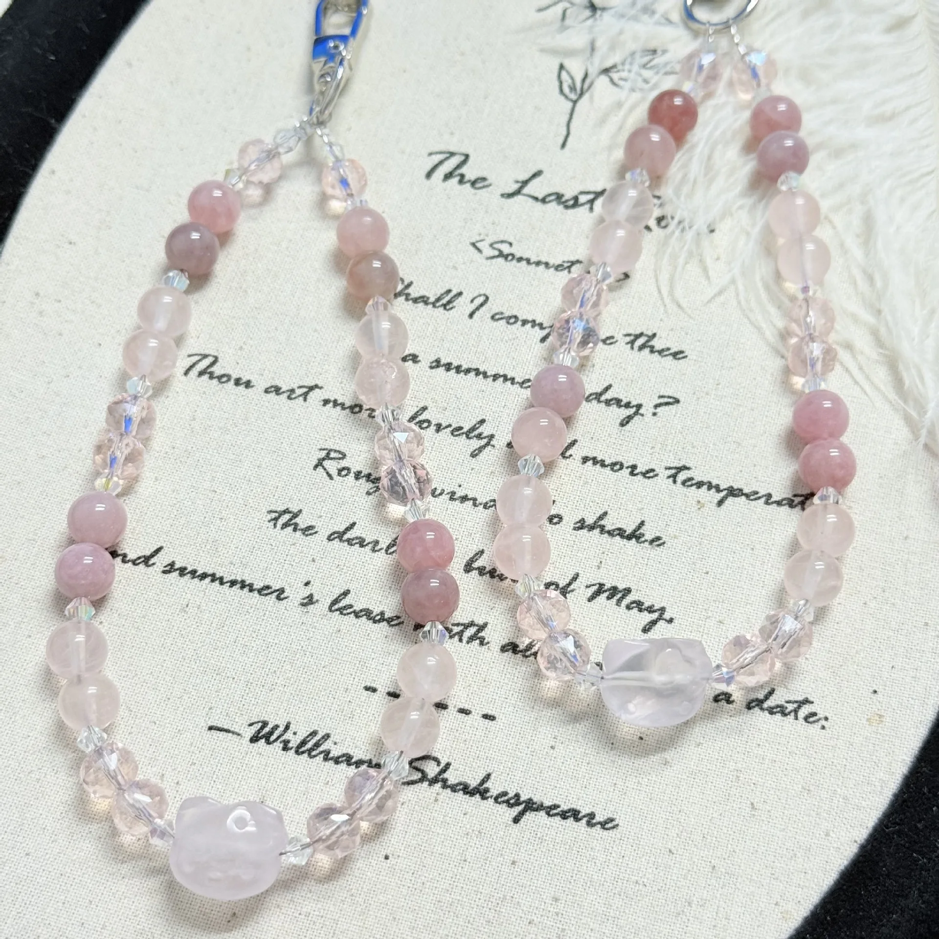 

Natural Pink Quartz pink amethyst Crystal Handmade Carving Crystal KT Head Handmade Beaded Mobile Pendant Bag Hanging Decoration