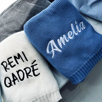 Personalisierte gestrickte Decke, bestickt, Baby-Namens-Kinderwagen-Abdeckung, Kinder-Baumwoll-Nickerchen-Decke für Neugeborene, Duschgeschenke