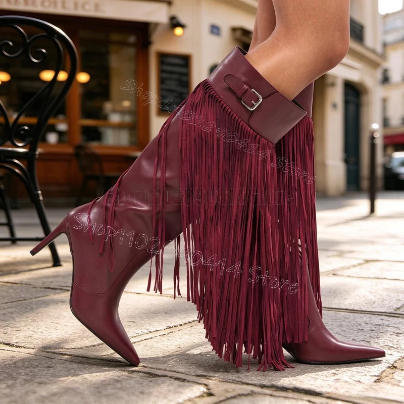Burgandy Tassels Belt Fastener Pointed Toe Boots Side Zipper Women Shoes Thin High Heels Feast Dating 2026 Zapatos Para Mujere