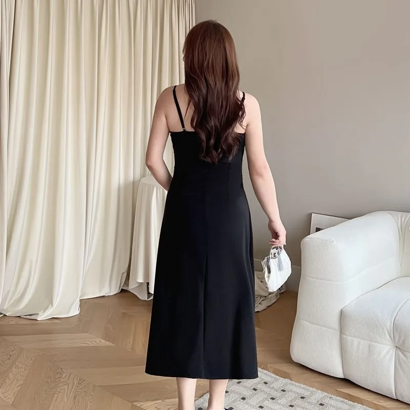 V-neck Knotted Waist Slit Suspender Dress Large Size Temperament Women Fashion Slip Dresses Design Sense Backless Long Skirt