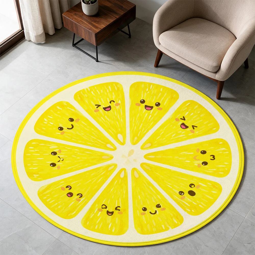 Cute Lemon Slice Cartoon Round Area Rug for Kitchen Bathroom Nursery Yellow Fruit Design Mat