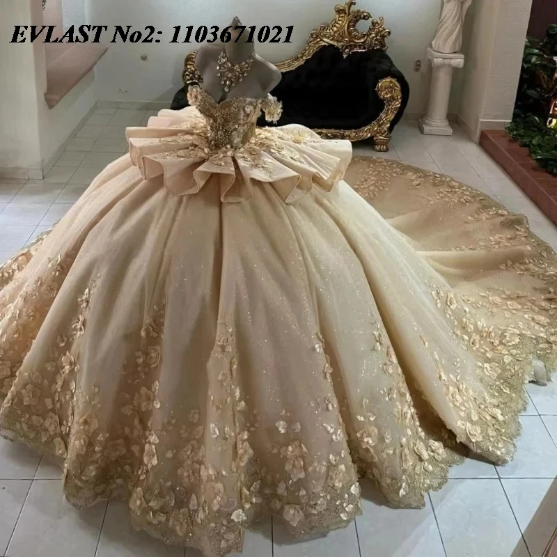 EVLAST Customized Champagne Quinceanera Dress for Girls Ball Gown Lace Appliques Beading Bow Sweet 16 Vestidos 15 Anos E2QA539