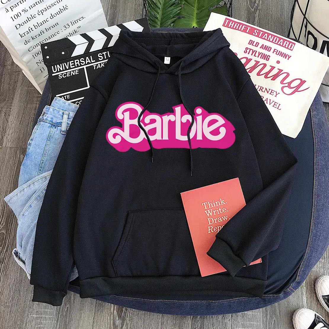 Felpa con cappuccio rosa Felpa con cappuccio da donna Cartoon stampato Barbie Primavera Autunno Manica lunga Abbigliamento sportivo Abbigliamento per ragazze Felpa allentata casual