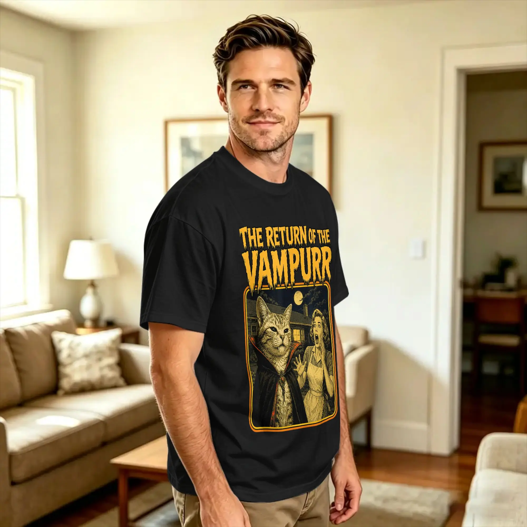 Vintage The Return of the Vampurr Halloween Vampire Cat T-Shirt Men  Y2K Casual T-Shirts Beach O Neck Leisure Tees Oversized