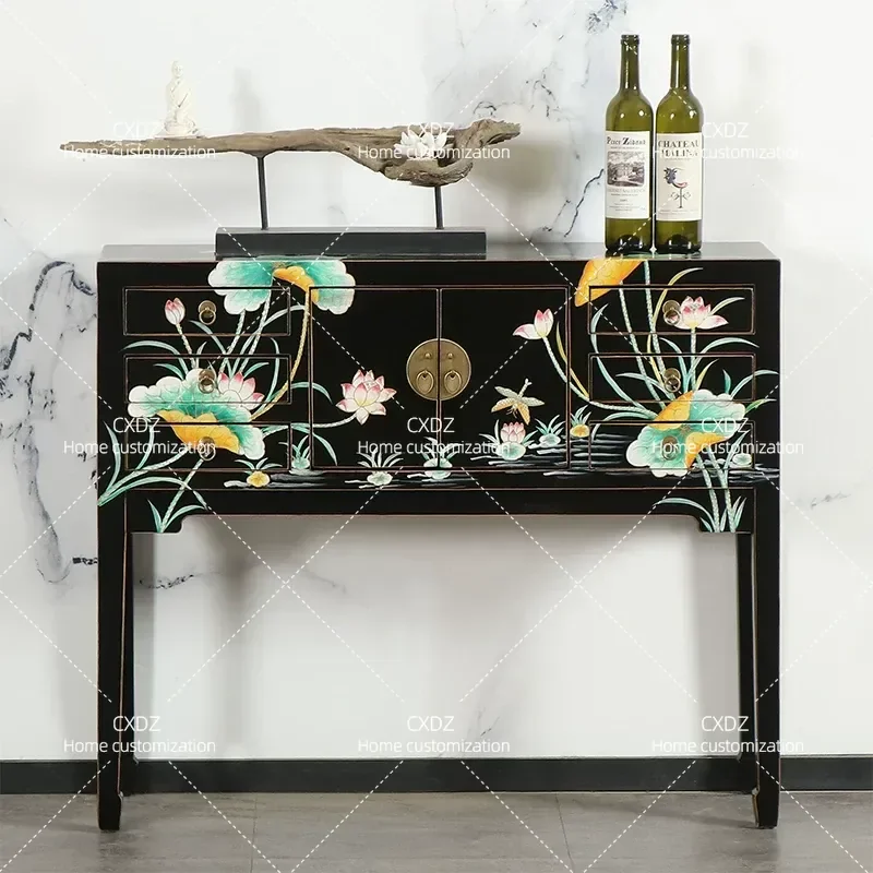 Modern New Chinese Style Solid Wood Lotus Pattern Entrance Cabinet for Living Room Tea House Foyer Decorative Storage Console