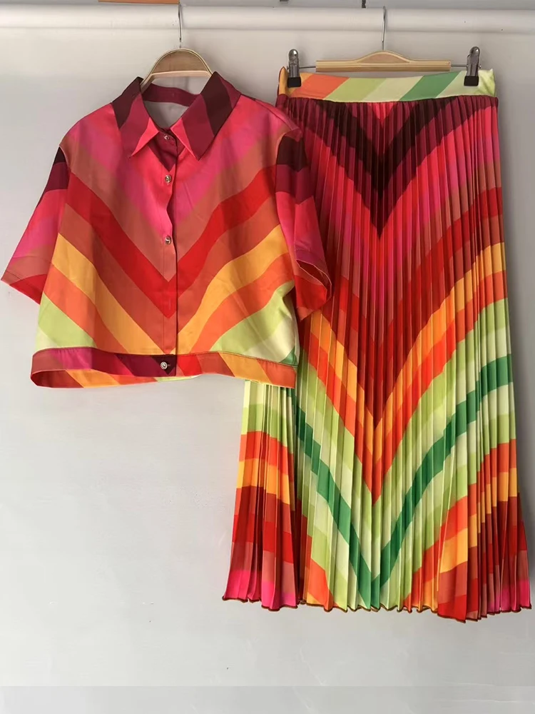 

Элегантная однобортная короткая рубашка в стиле ретро с лацканами, новинка лета 2025, состоящая из двух частей, плиссированная юбка с высокой талией, модный женский костюм с принтом