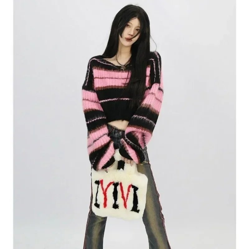 Female Long Sleeve Crewneck Pullovers Tops Autumn Y2K New Korean Style Pink Cropped Sweater Women Striped Jumper Vintage