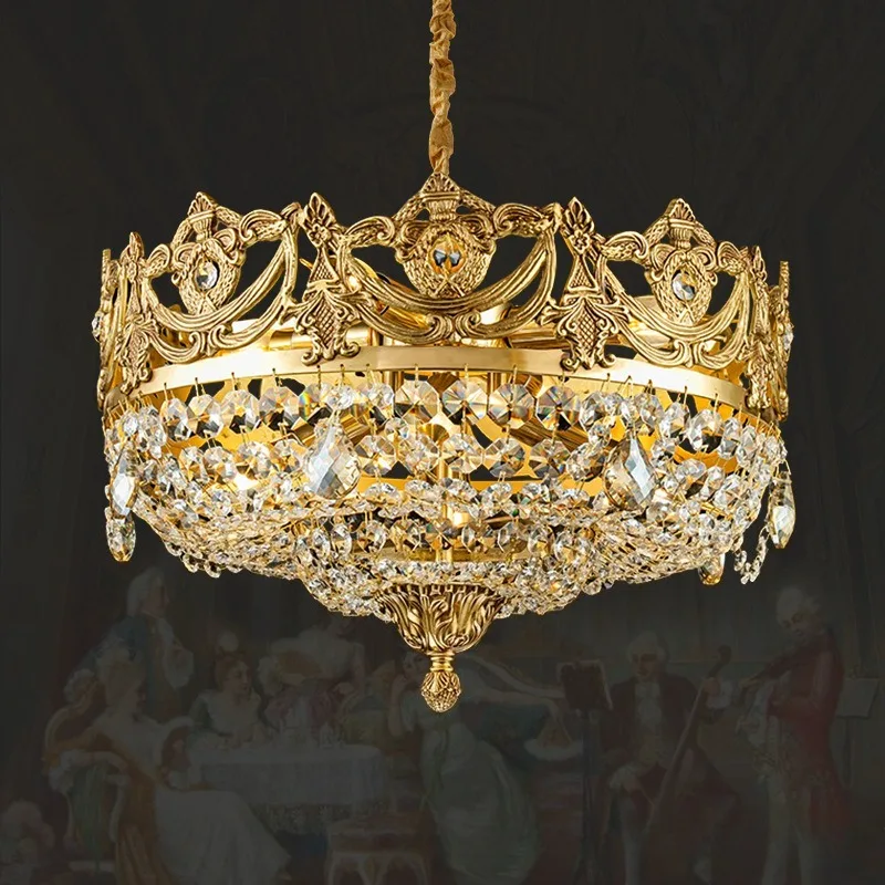 French light luxury all copper living room chandelier European bedroom retro crown shape crystal villa dining room design lamps