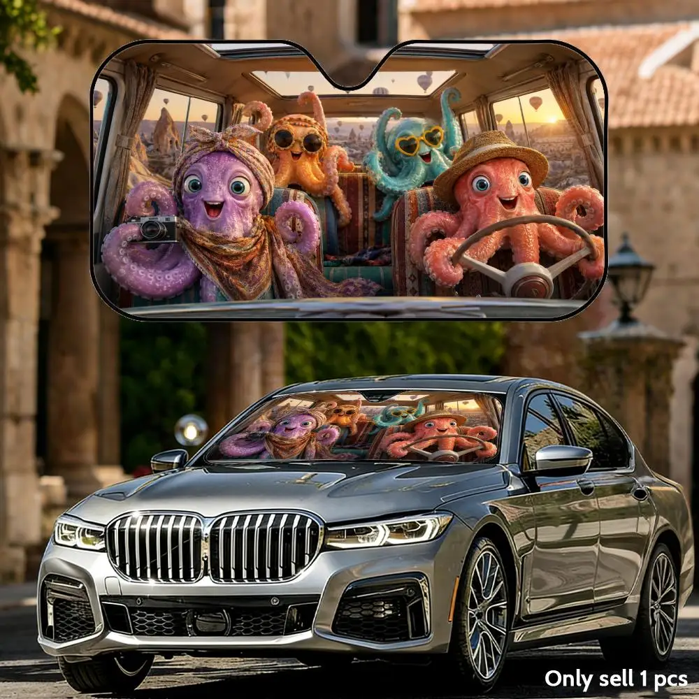 

Funny Octopus Driving Sun Visor Aluminum Foil Windshield UV Protection Heat Insulation Cover Foldable Reusable Sun Visor Shade