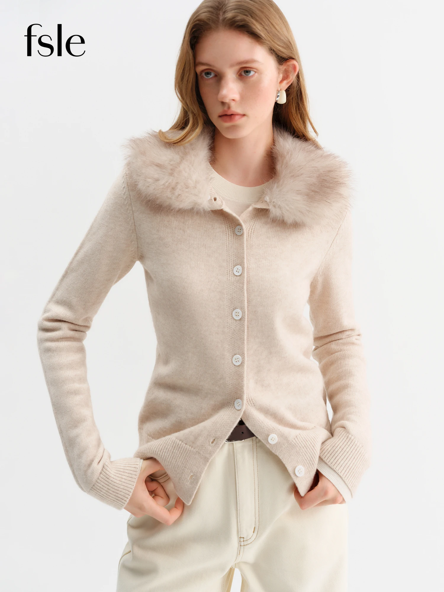 

FSLE 2025 Winter Women's Faux Fur Collar Knit Cardigan Long Sleeve Round Neck Coat Simple Commute Cozy Oversized Open Front