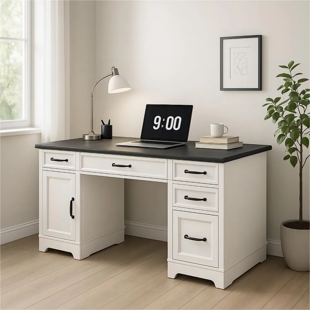 

58-дюймовый стол для руководителя в фермерском доме с выдвижными ящиками, компьютерный письменный стол в деревенском стиле, деревянная настольная станция для домашнего офиса, поднос для клавиатуры, ящик для файлов