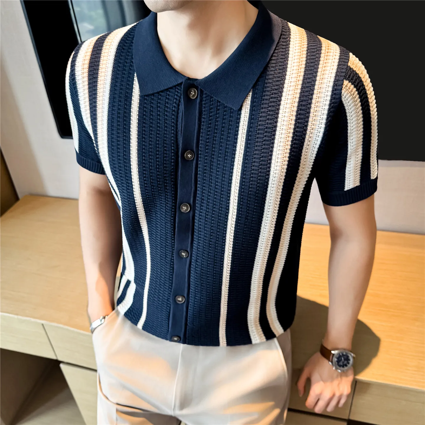 Men's Striped Knit Polo Shirt, Hollow Breathable Short Sleeve Button Down Top for Business Casual Summer Daily Wear
