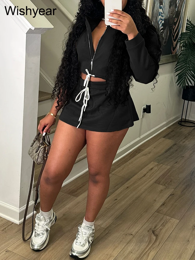 Women’s Long Sleeve Crop Top and Mini Skirt Set Y2K Fashion High Waist Drawstring Short Dress Suit for Club Night Out Daily Wear