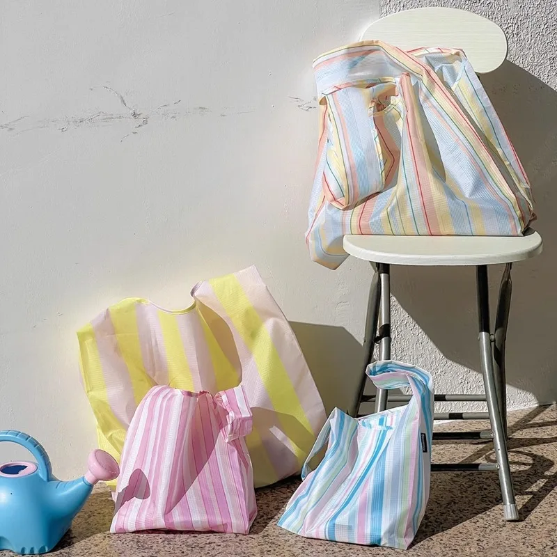 Mini Folding Shopping Bag Striped Casual Hand‑held Eco‑friendly Waterproof Washable Portable Pouch for Supermarket Groceries