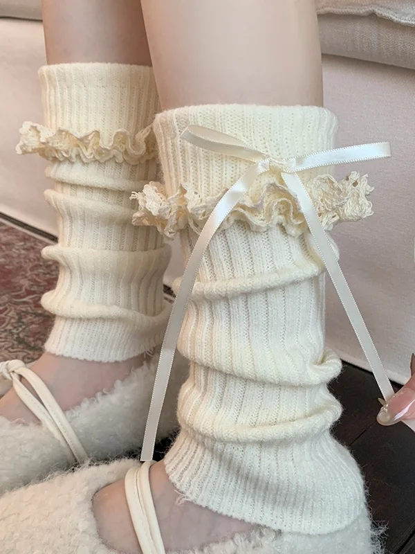 Women's Mid-Calf Knitted Socks with Lace Trim Ballet Style  Knot Leggings Sweet Style Spring Autumn Essential