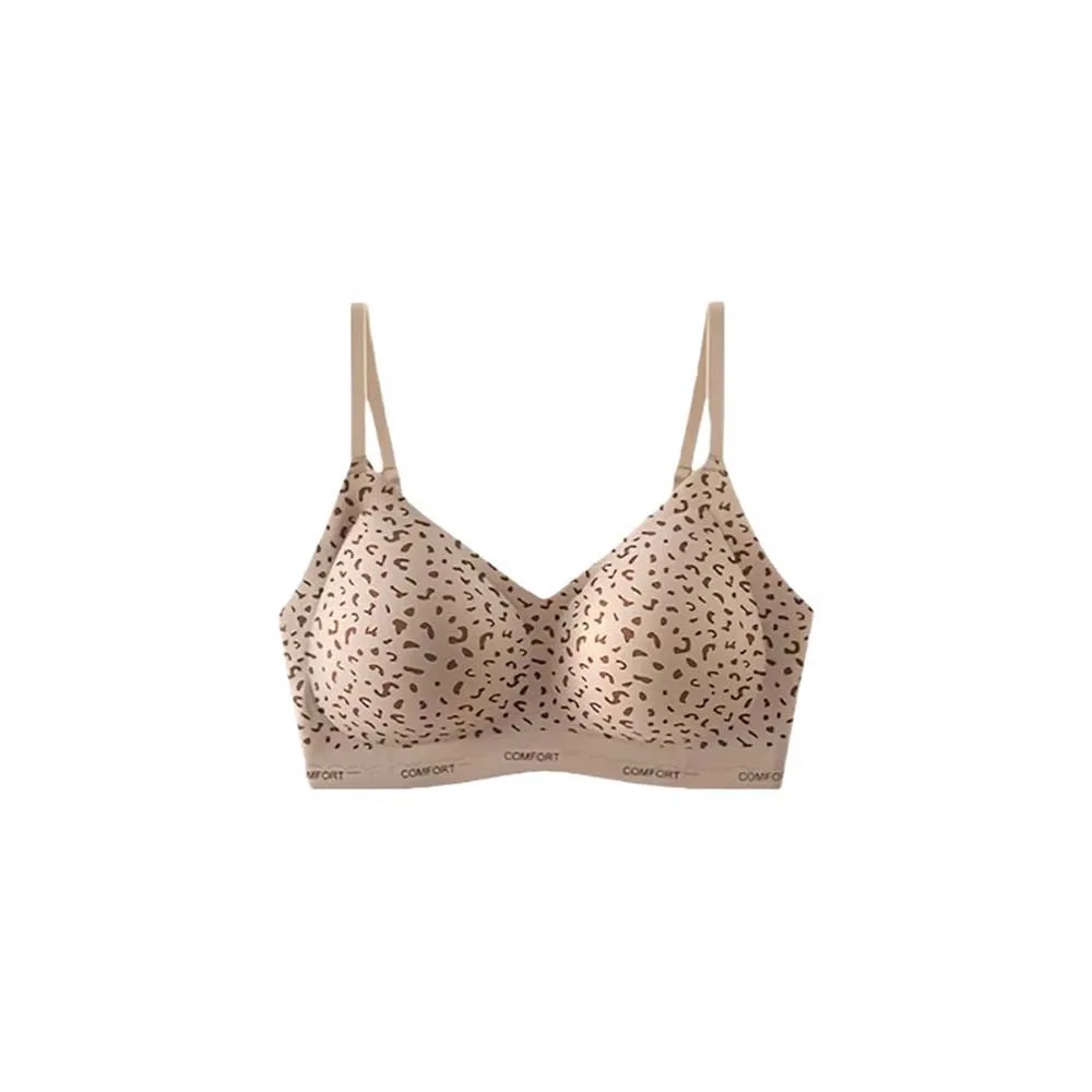 

Traceless Leopard Print Wireless Bra Brown Deep V Bra Bow Grid Pattern Brassiere for Women Lingerie Anti-sagging