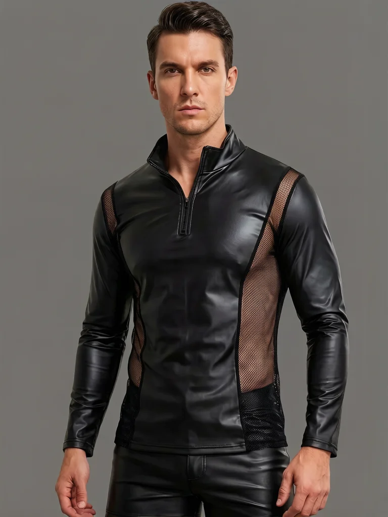 Men's PU Leather Patchwork Mesh T-shirts Long Sleeve Shaping Gym Man Breathable Tops T-shirts Nightclub Stage Performance Shirts