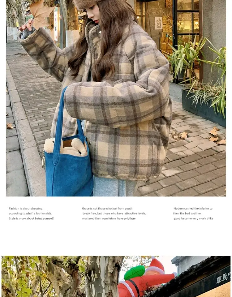 Retro Plaid Short Padded Jacket for Women Autumn Winter Maillard Style Thick Warm Outerwear Female Casual Korean Puffer Jackets