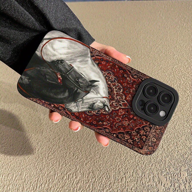 حافظة كلاسيكية بنمط حصان أبيض وأسود لهاتف سامسونج جالاكسي A56 A55 A54 A53 A36 A26 A16 S25 FE S24 Ultra S23 Plus S22 5G #3