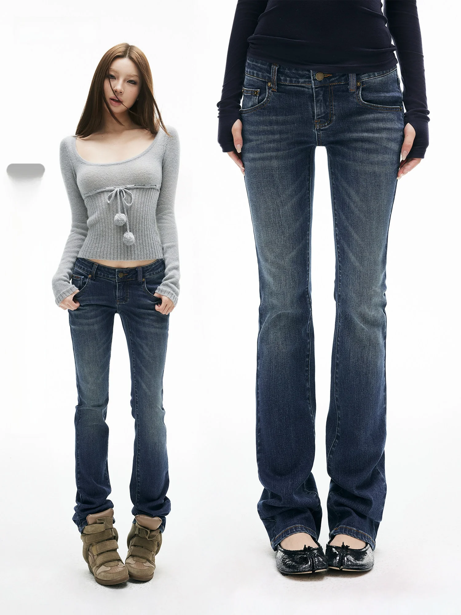 

Джинсы женские премиум-класса Low Waist Straight Leg Bell Bot из хлопка Sensation, эластичные, винтажные, синие, повседневные
