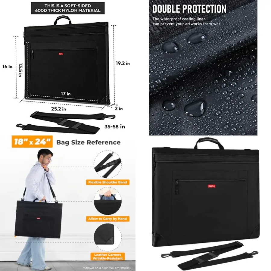 Bolsa de portafolio de arte ligera, funda de lona negra de 18x24 pulgadas con correa de hombro desmontable y esquinas de cuero para proteger