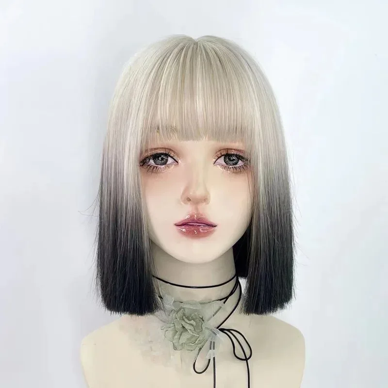 Peluca de pelo corto para mujer, subcultura de gradiente dorado blanco y negro, conjunto de cabeza completa, color claro, longitud hasta los hombros, pelo y2k neutro