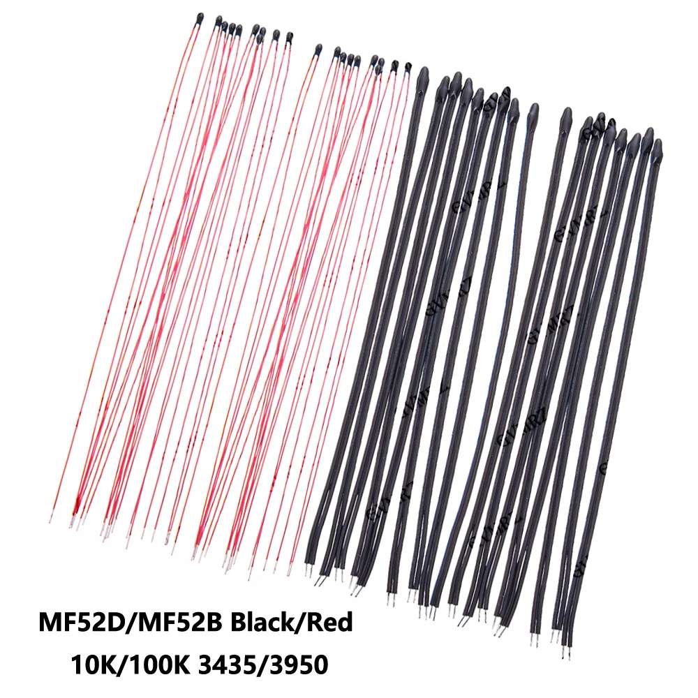 10PCS MF52 Wired NTC Thermistor 1% 10CM Lead 10K 100K 3435 3950 Black/ Red 10K 3435/3950 100K 3950
