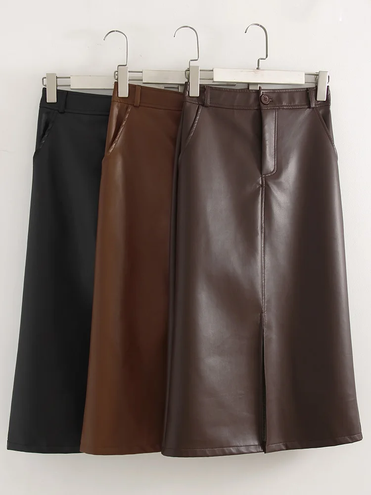 Long Leather Skirts For Women Brown High Quality PU Midi Bodycon Skirt Front Split High Waist Women's Leather Skirt Black Midi
