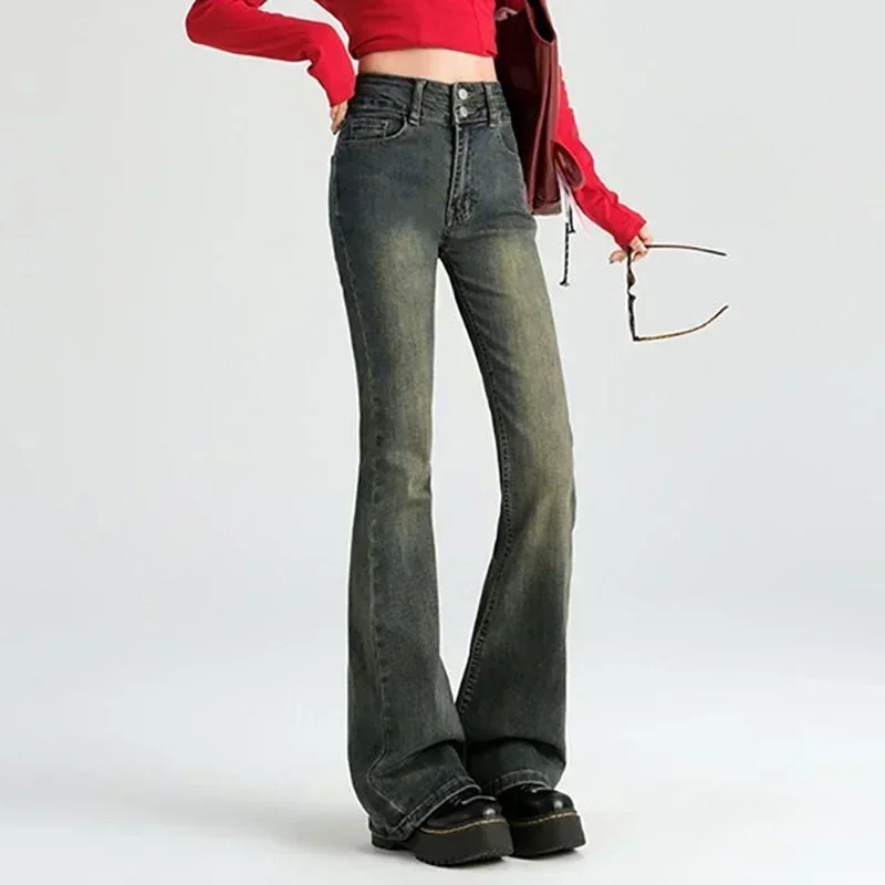 

2025 Lady Slim Korean Flare Denim Trousers Woman Fashion Double Buckle Design Jeans Female Skinny High Waist Bell Bottom Pants