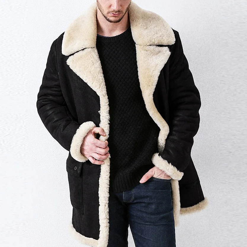 Autumn Winter Men Plush Jacket New Thicken Fleece Warm Turn Down Collar Male Coat Mid Length Long Sleeve Pocket Man Outerwear