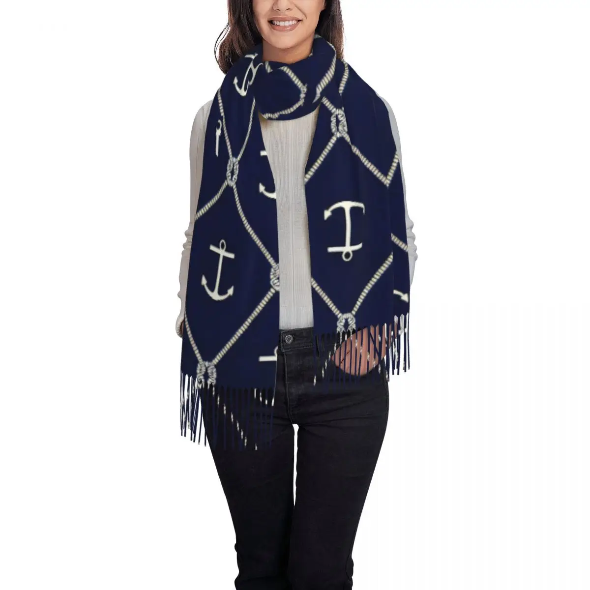 Winter Tassel Scarf Pattern With Anchors Cashmere Scarves Neck Head Warm Pashmina Lady Shawl Wrap Bandana