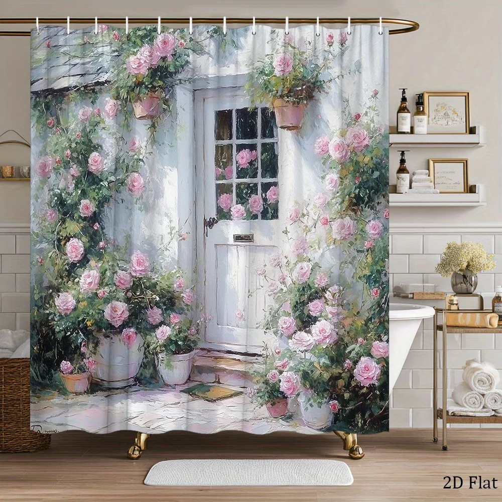 1pc Shower Curtain Featuring Cottage Roses in White, with Pink Flowers on Stone Steps And a Rustic Roof, Creating a Romantic Gar
