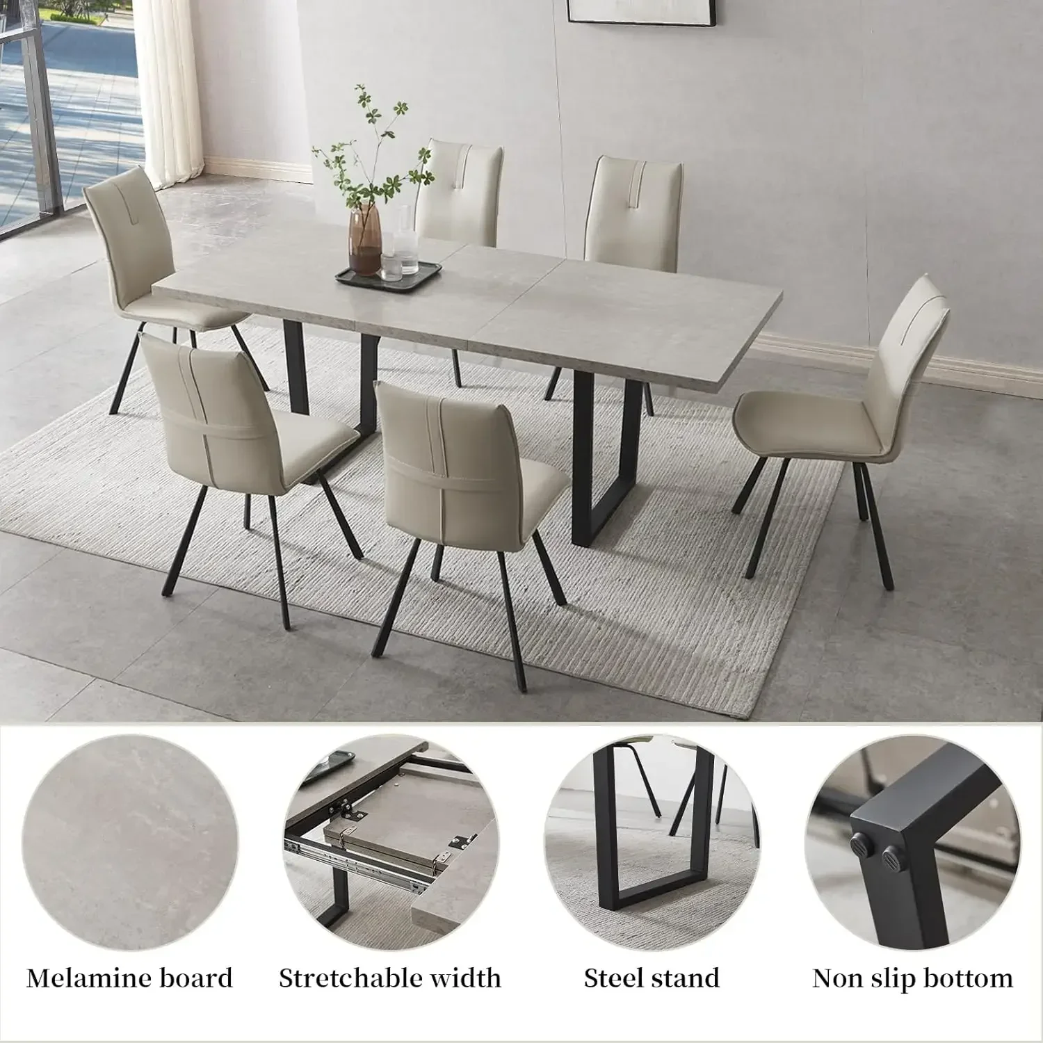 Modern Mid-Century Dining Table Set for 6-8 People Kitchen Dining Room Table Set Extendable Wood Dining Table and 6 Uph