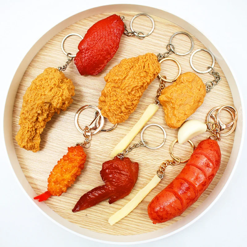 Simulated food keychain: fried chicken nuggets, french fries, delicious snacks, hot dogs, wings, sausages