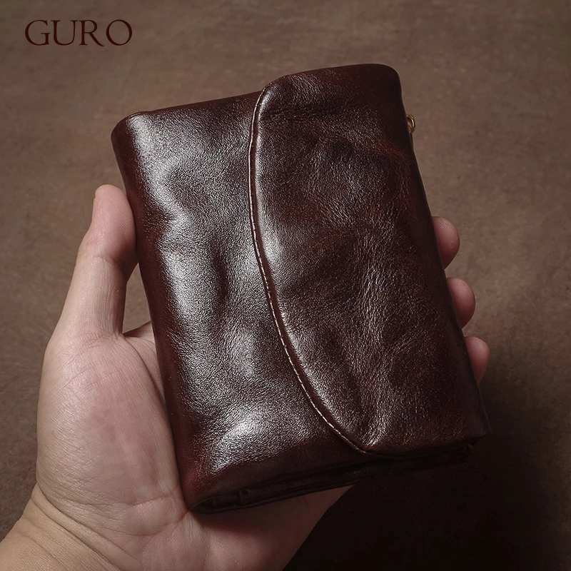 

GURO Vintage Genuine Leather Trifold Wallet for Men Women Zipper Coin Purse Driver License ID Credit Card Luxury Cowhide Wallet