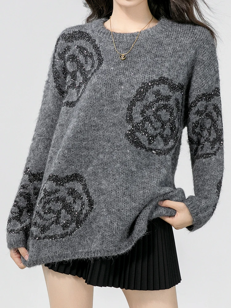 Camellia Silver Ribbon Jacquard Sweater Women 2024 New Autumn Winter Long Sleeve Loose Casual Grey Pullovers O Neck Knit Tops