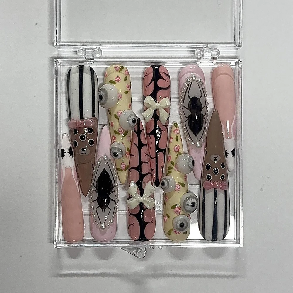 Y2K Spice Girl Style Handmade Long Coffin Stiletto Fake Nails Flowers Polka Point Eyeballs Music Note Bowknot Press On Nails