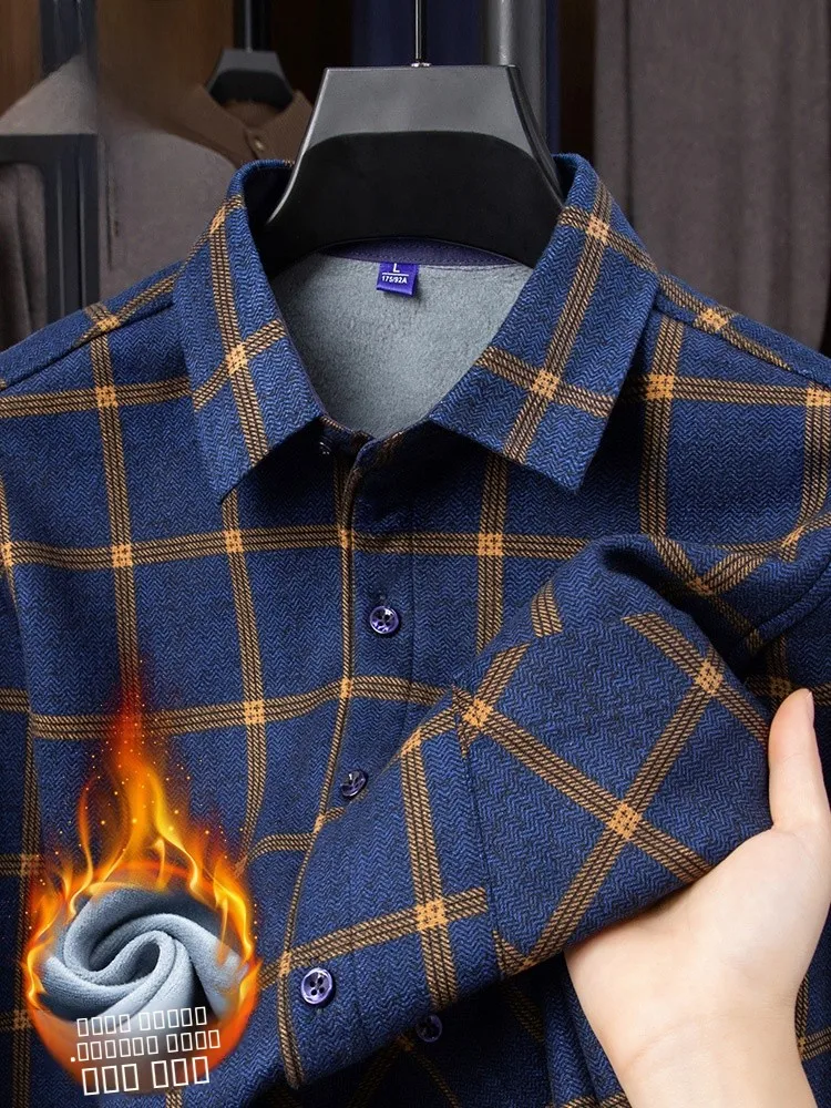

Rn Flannel Plaid irt Thiened Fce Casual Loose Men's Warm Winter Faion Busin Gentleman Sle Long Sve Button up