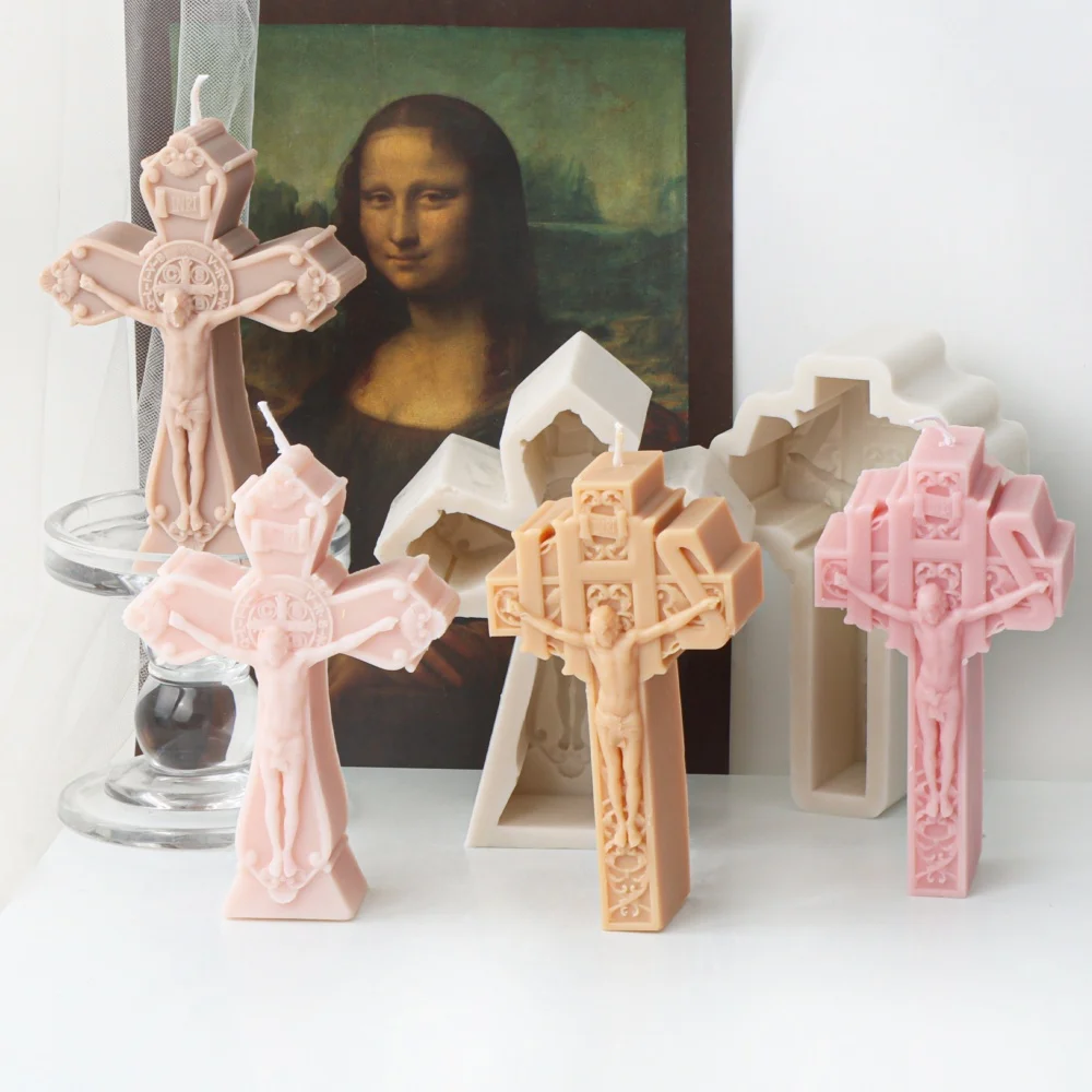 Cross Jesus Silicone Candle Mold DIY Religious Theme Crucifixion Jesus Portraits Aroma Soap Statue Handmade Tool Christian Decor