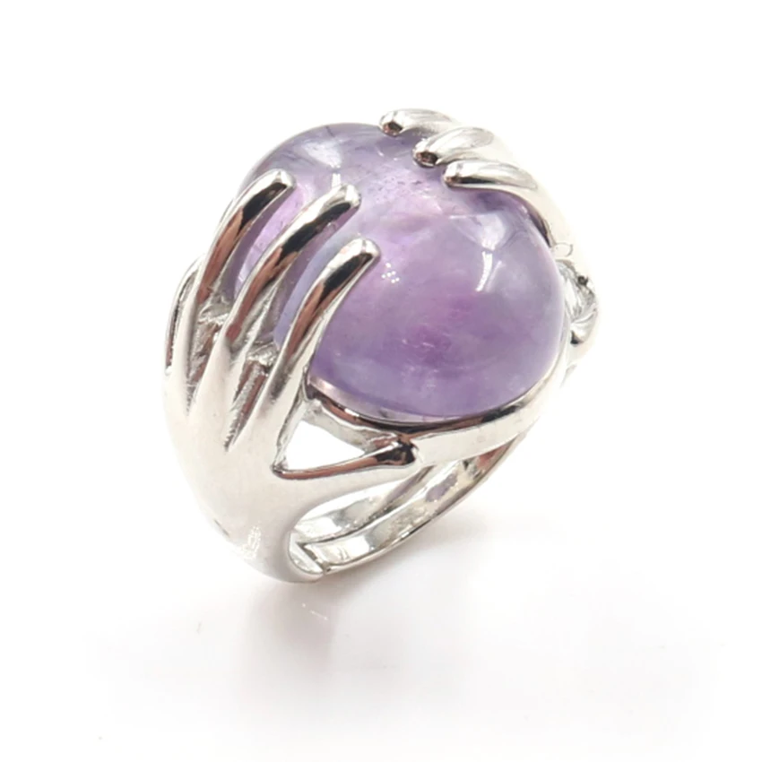 Silver Plated Hand Wrap Oval Shape Amethysts Stone Resizable Finger Ring Trendy Jewelry