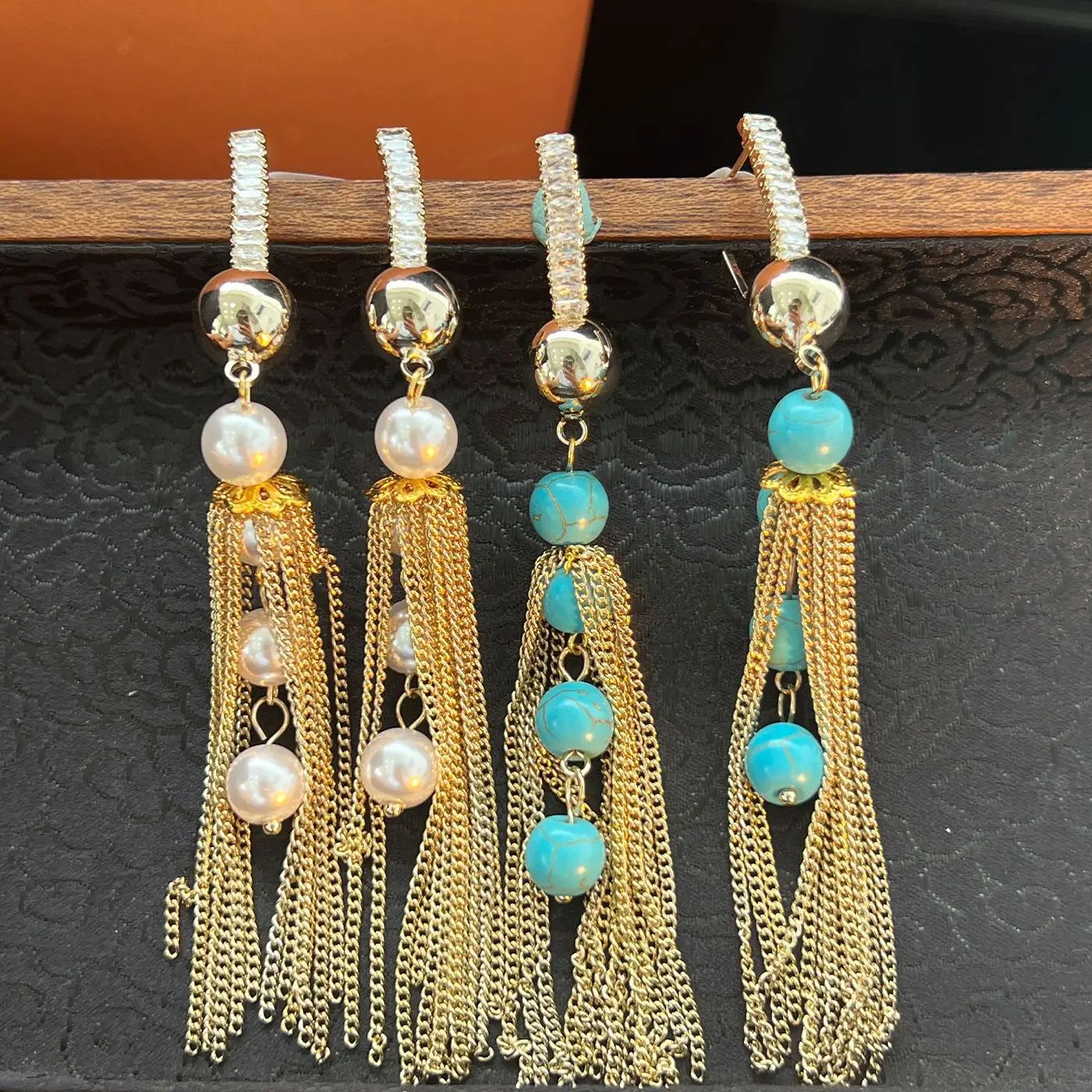 Boho Gold Chain Tassel Dangle Earrings Imitation Pearl Turquoise Bead Drop Earrings Hook Statement Jewelry for Women Gift