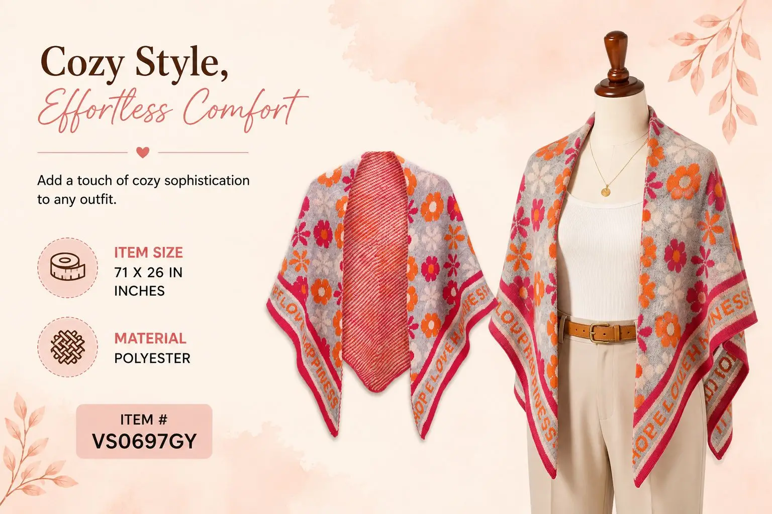 Grey Orange Floral Print Open Front Shawl Women Soft Polyester Poncho Cape Lightweight Elegant All Season Fashion Scarf Wrap
