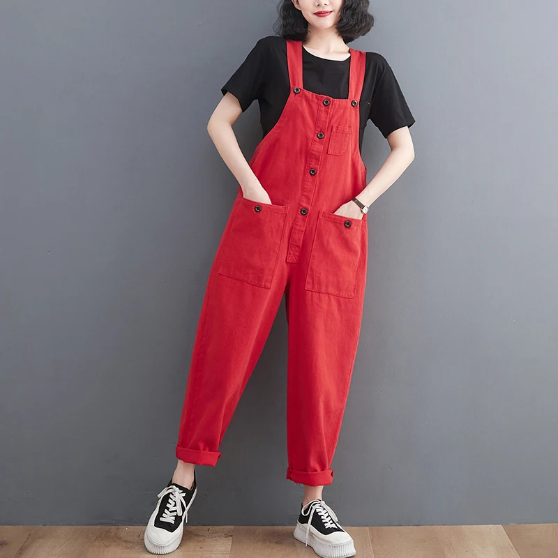 Loose Big Size Overalls For Women Casual Streetwear Strap Purple Red Denim Jumpsuit Single Breasted Suspenders Baggy Cargo Pants