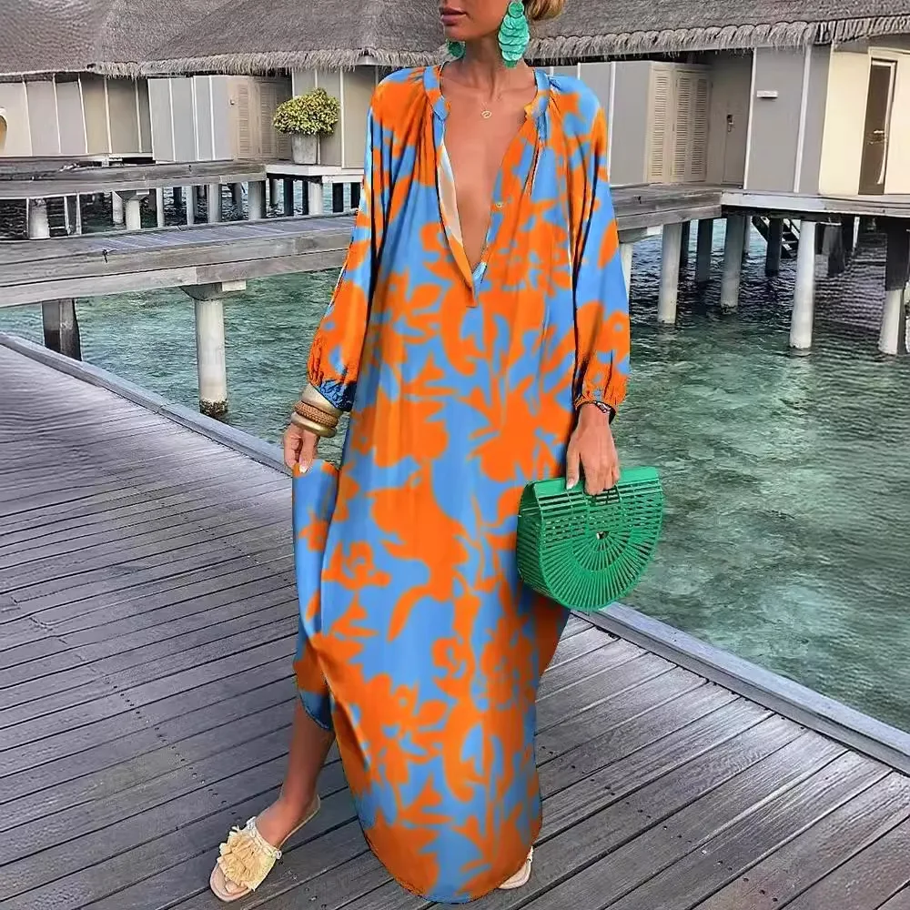 2025 Women Boho Print Loose Beach Dress Elegant Deep V-Neck Maxi Dress Ladies Sexy Long Sleeve Oversized Dresses Robe Longue