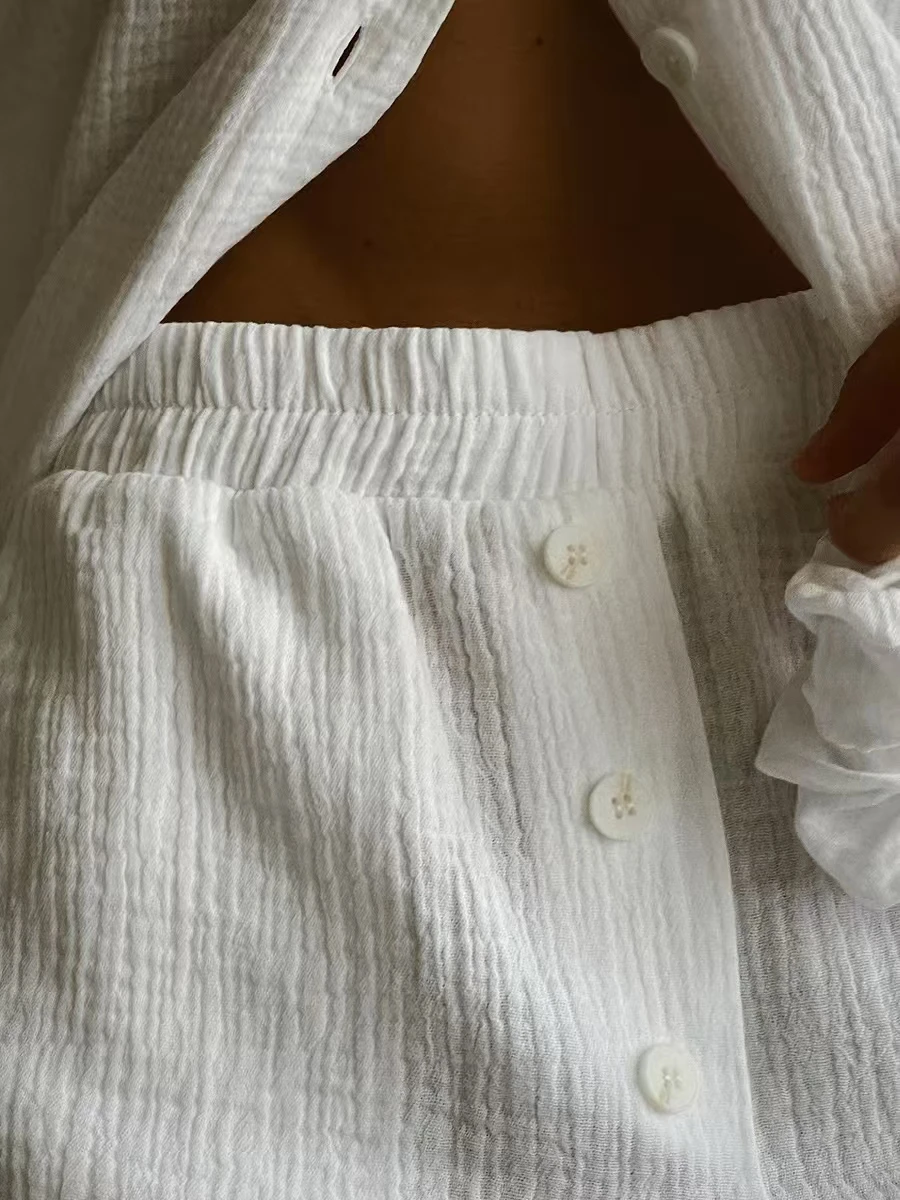 

Faionable Long Sve плиссированный хлопковый комплект из йоги и брюк, женский свободный крой на пуговицах, однотонная осенняя одежда Ele Classy